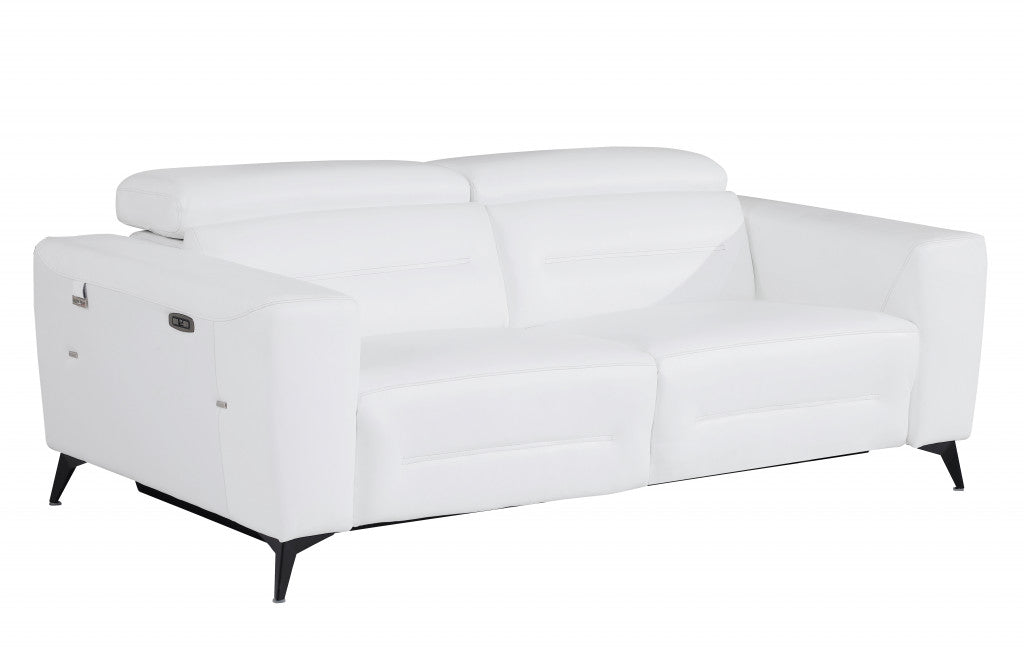 83" White Italian Leather USB Reclining Sofa With Black Legs