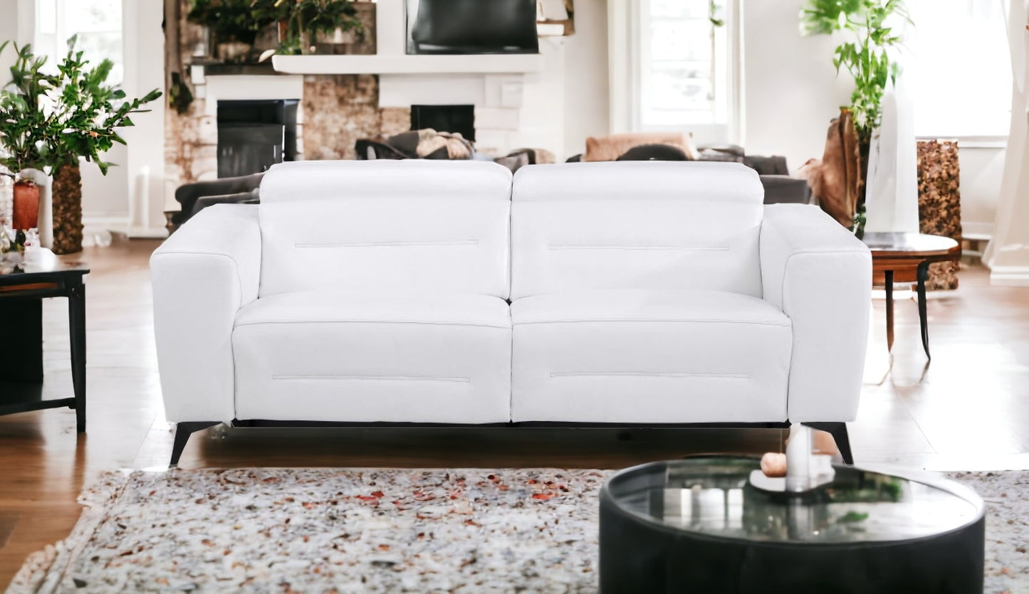 83" White Italian Leather USB Sofa With Silver Legs