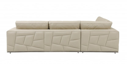 Beige Italian leather reclining L-shaped two-piece corner sectional.