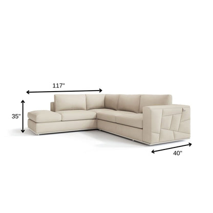 Beige Italian Leather Reclining L Shaped Two Piece Corner Sectional