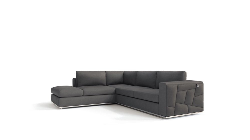 Dark gray Italian leather L-shaped two-piece corner sectional with left chaise, square back cushions, and quilted geometric arm detail.