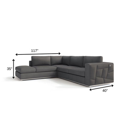 Dark gray Italian leather L-shaped two-piece corner sectional, 117L x 35H x 40D