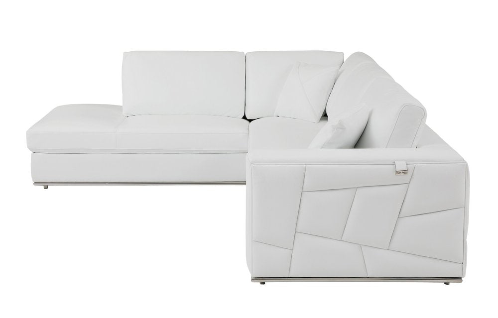 White Italian leather reclining L-shaped two-piece corner sectional.