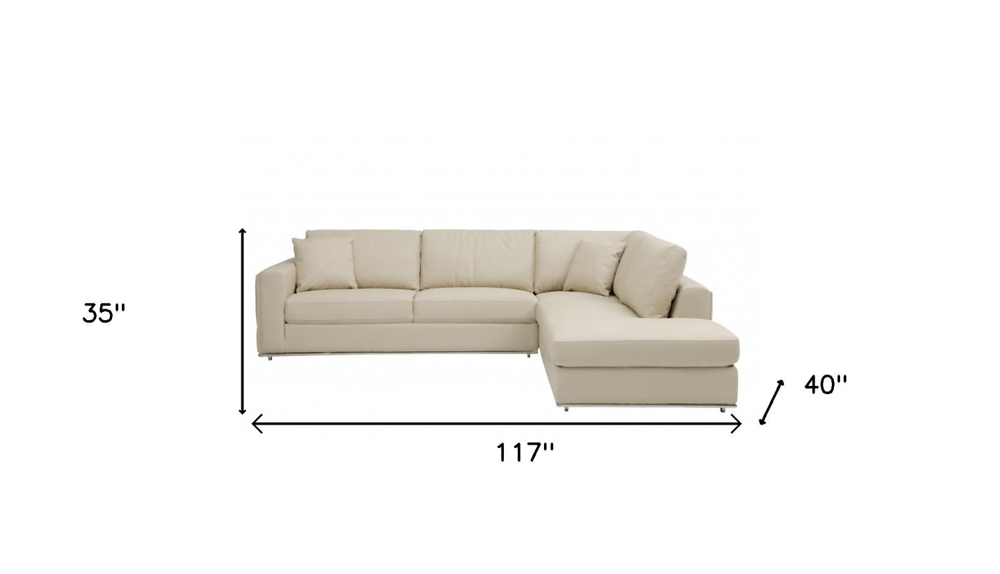 Beige Italian Leather Reclining L Shaped Two Piece Corner Sectional