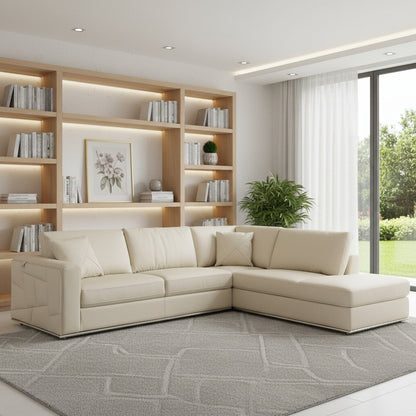 Beige Italian Leather Reclining L Shaped Two Piece Corner Sectional