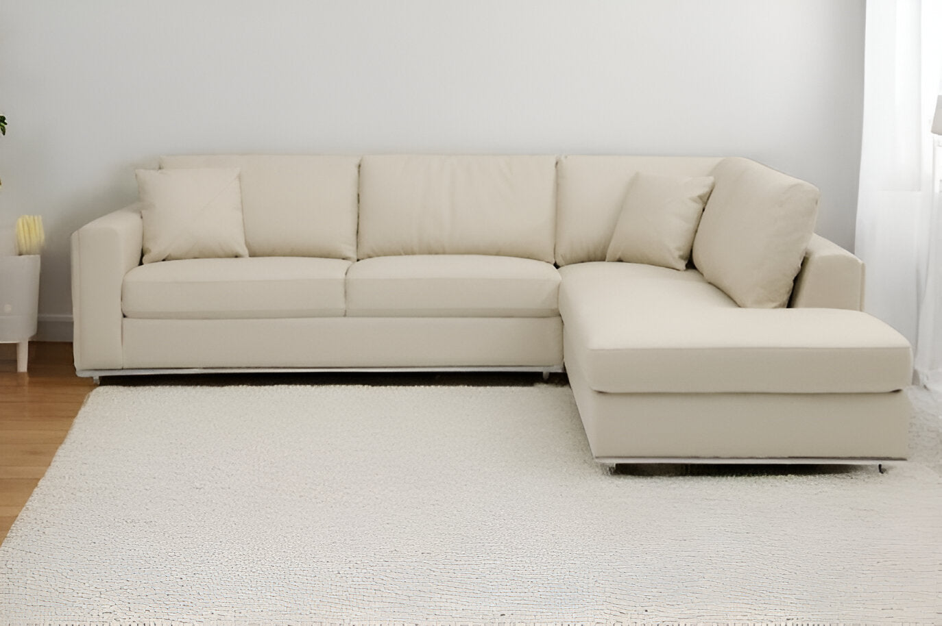 Beige Italian Leather Reclining L Shaped Two Piece Corner Sectional