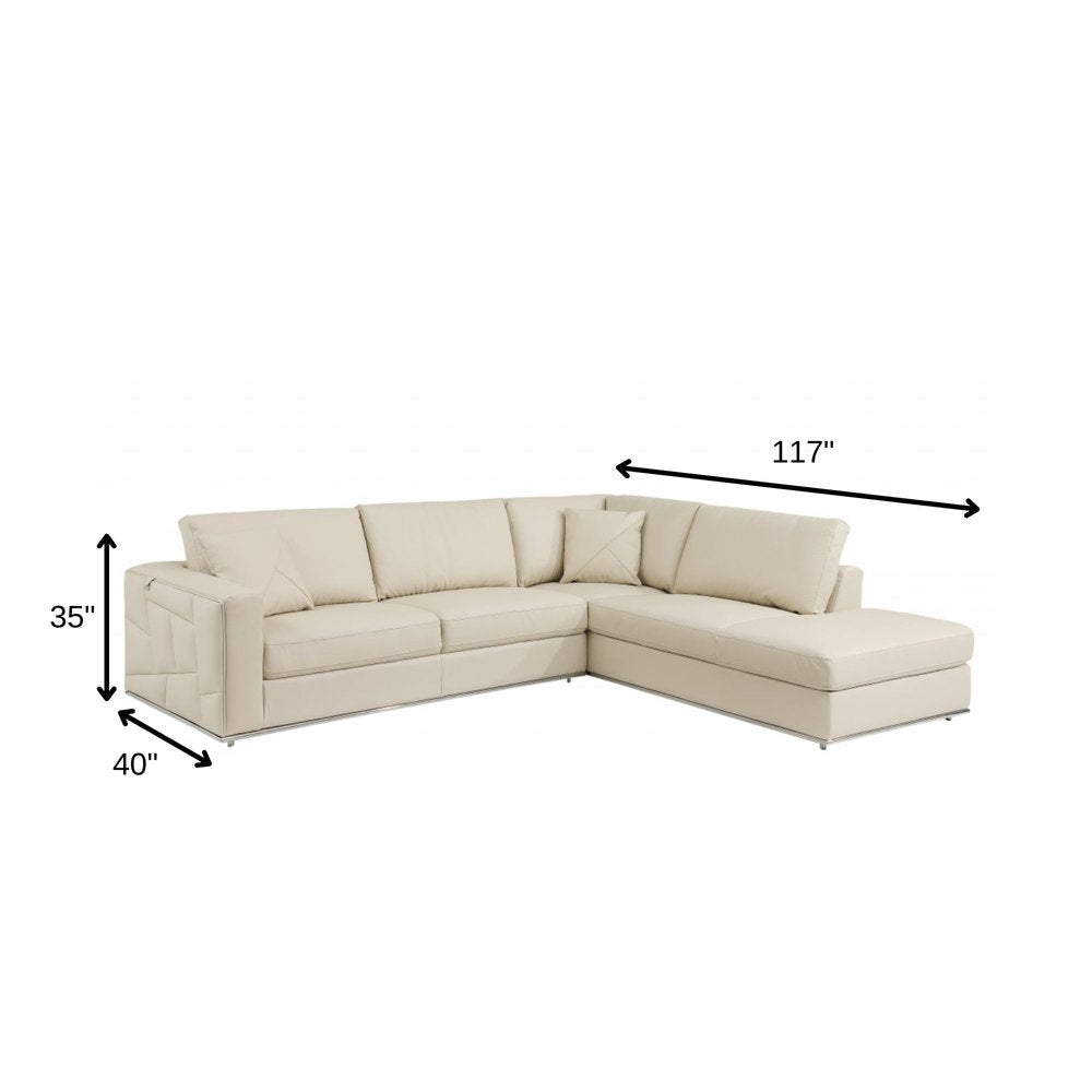 Beige Italian Leather Reclining L Shaped Two Piece Corner Sectional