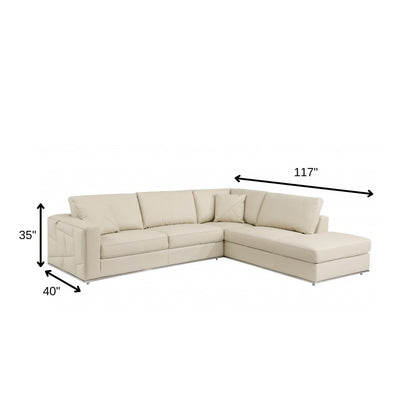 Beige Italian Leather Reclining L Shaped Two Piece Corner Sectional
