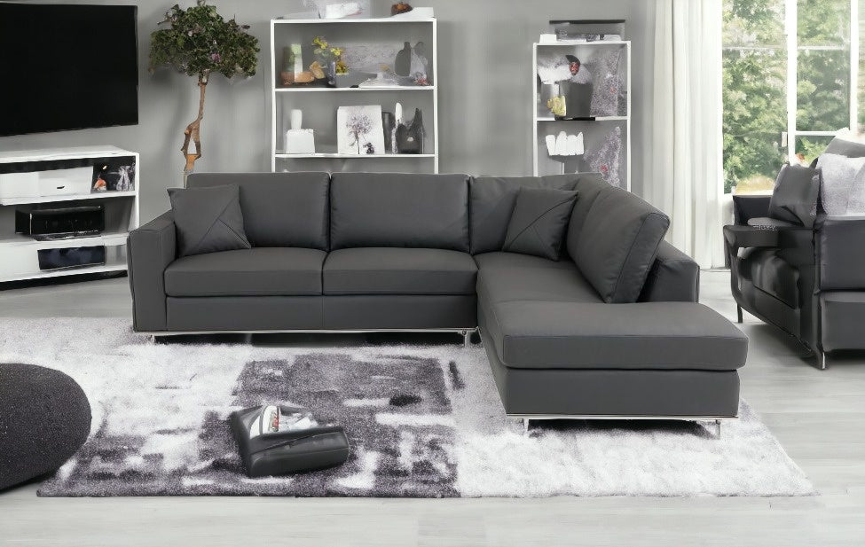 Dark Gray Italian Leather Reclining L Shaped Two Piece Corner Sectional