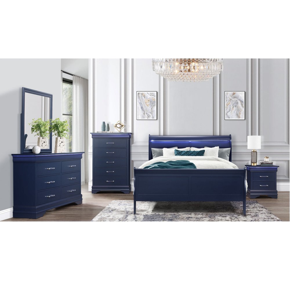 Blue king-size bed frame.