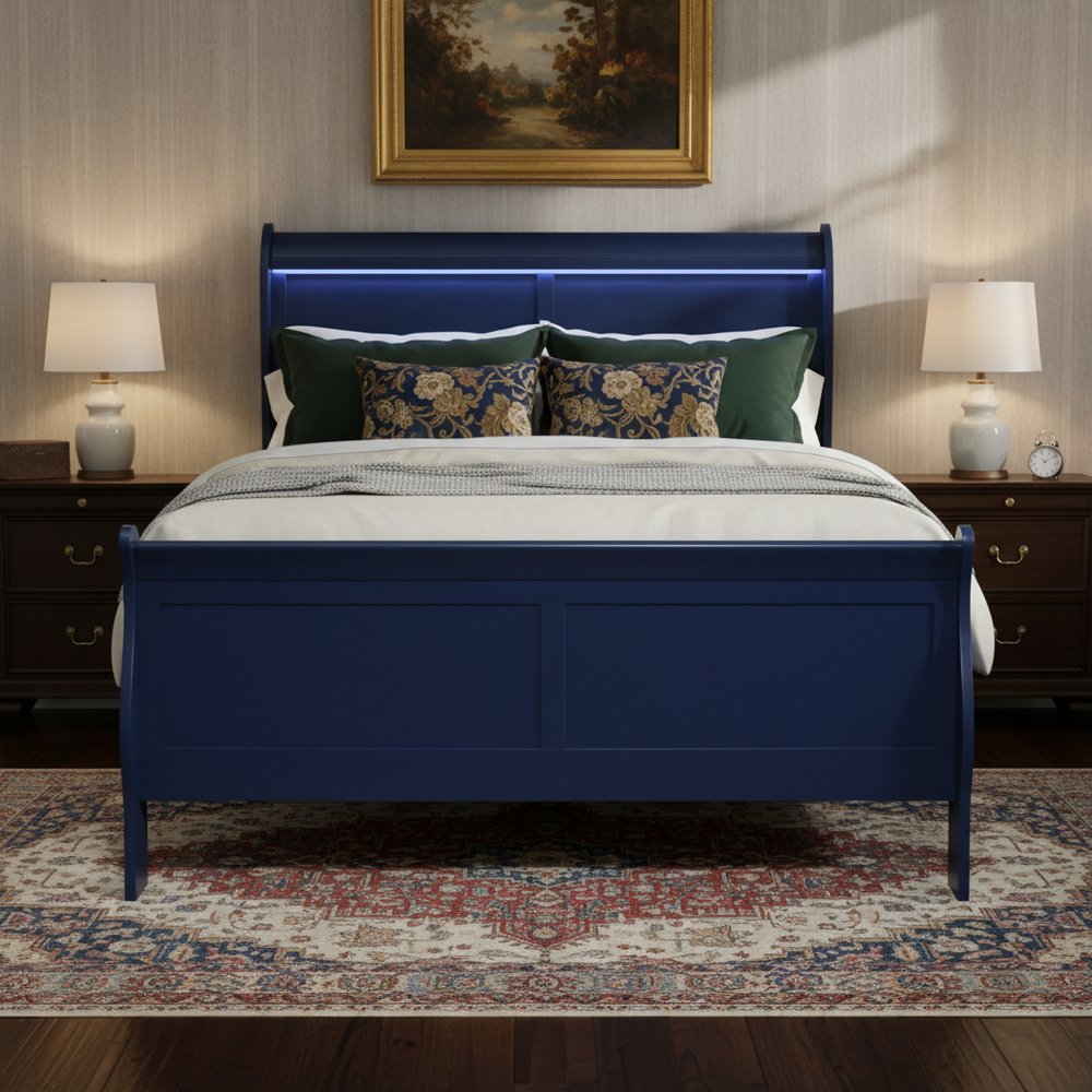 Blue king-size bed frame without a headboard.