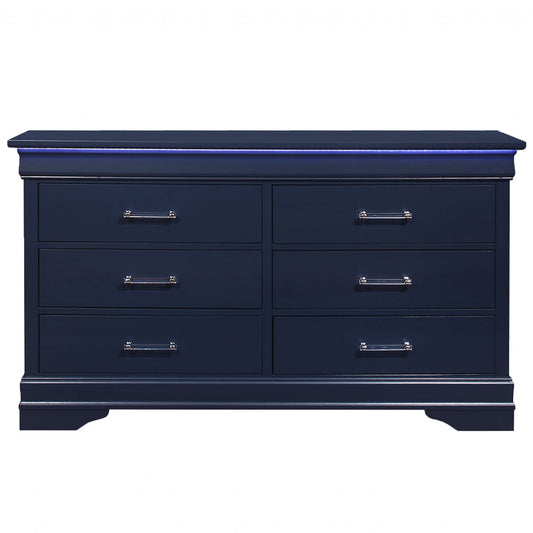 59" Blue Solid Wood Six Drawer Double Dresser