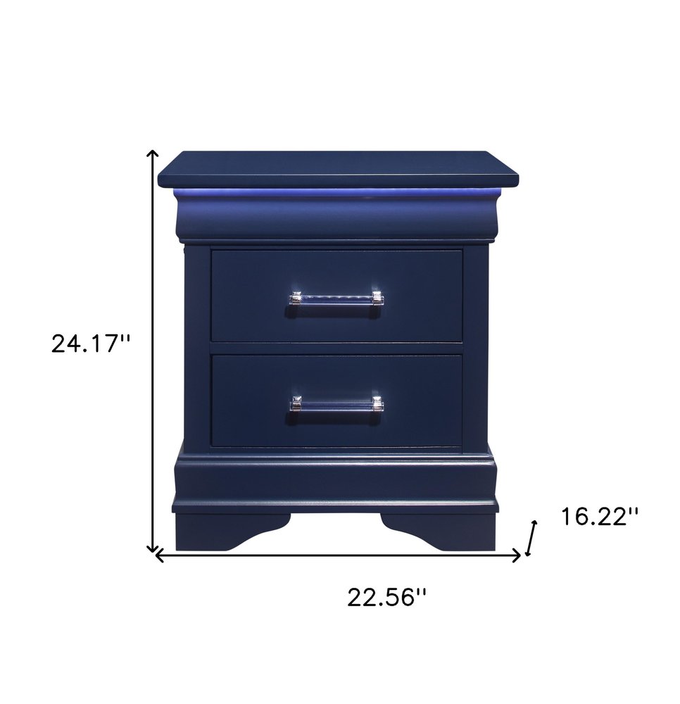 24" Blue Wood Lighted Two Drawer Nightstand