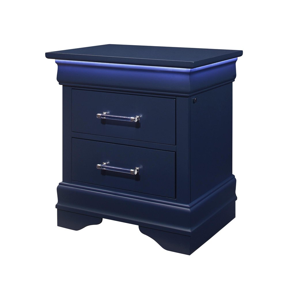 24" Blue Wood Lighted Two Drawer Nightstand