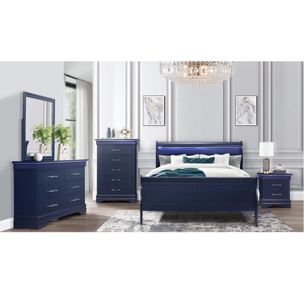 24" Blue Wood Lighted Two Drawer Nightstand
