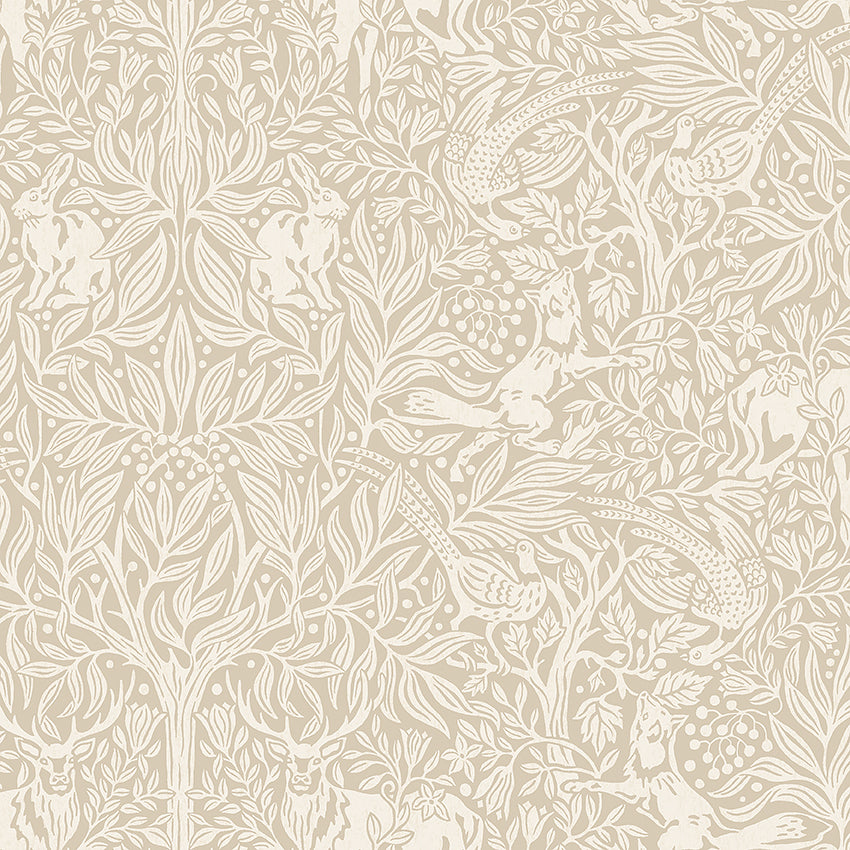Cream wallpaper with an intricate white botanical motif featuring leaves, vines and birds in a classic toile pattern.