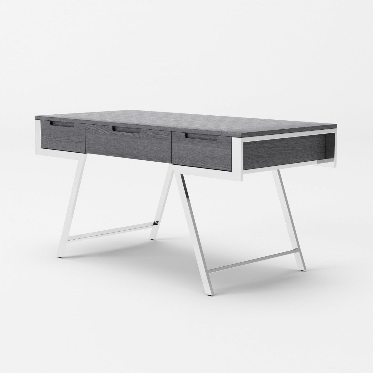 63" Gray and Chrome Rectangular Writing Desk With Three Drawers