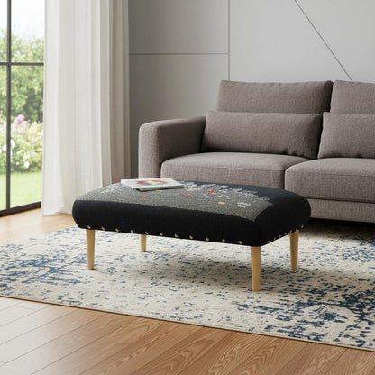 38" Black And Natural Boston Night Skyline Embroidered Ottoman