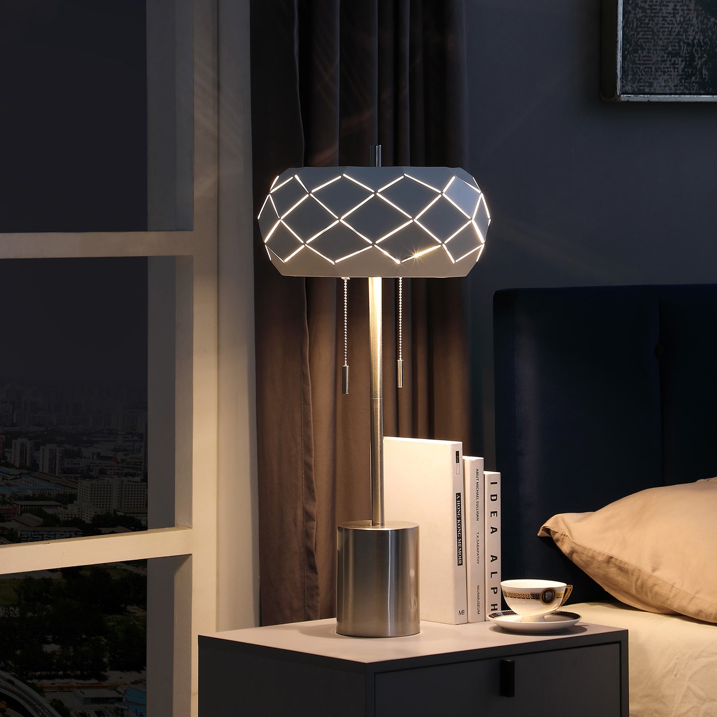 28" Silver Metal Table Lamp With Geometric Laser Cut Metal Shade