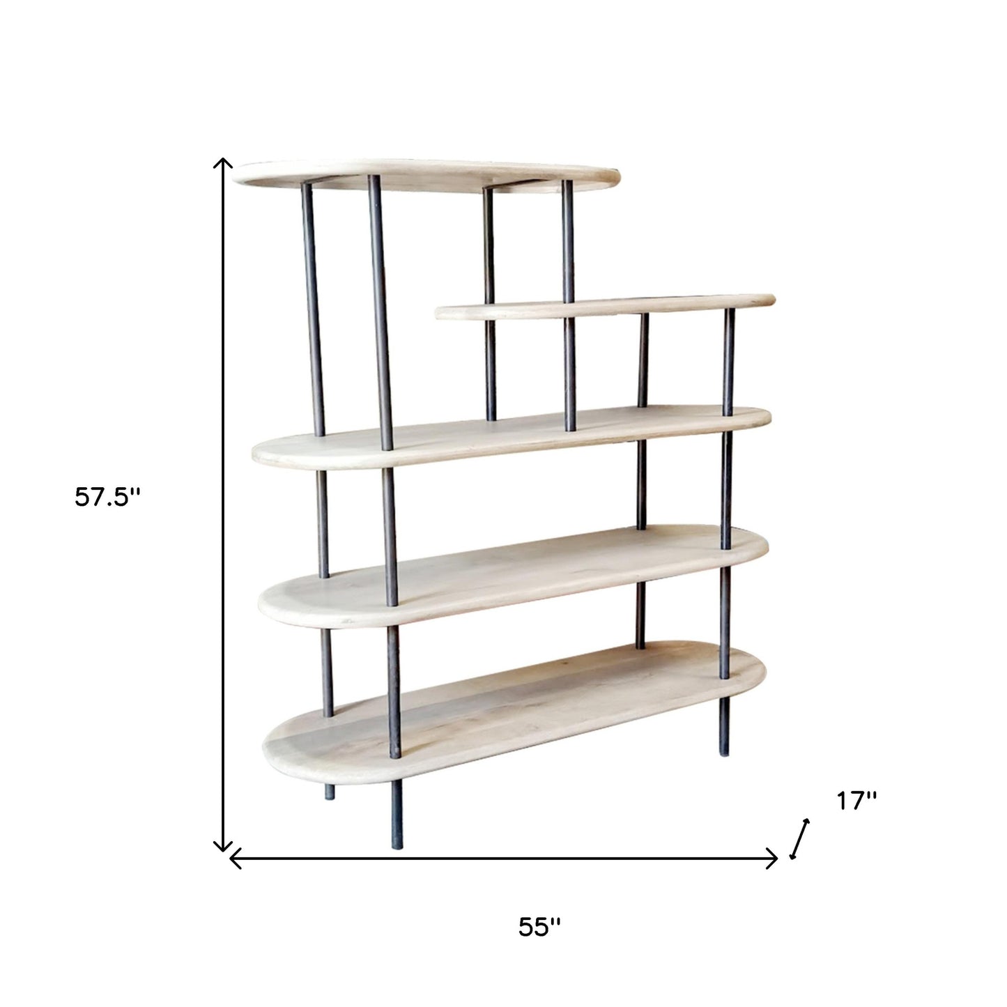 58" White and Gray Iron and Solid Wood Five Tier Bookcase