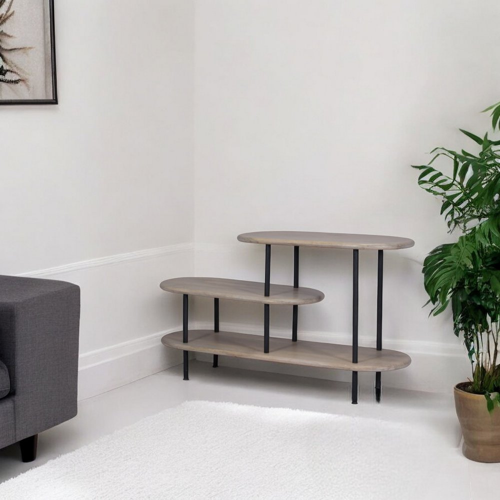 25 White And Gray Iron and Solid Wood Three Tier Bookcase