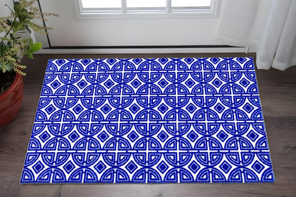 2' X 4' Cobalt Blue And White Geometric Washable Non Skid Area Rug