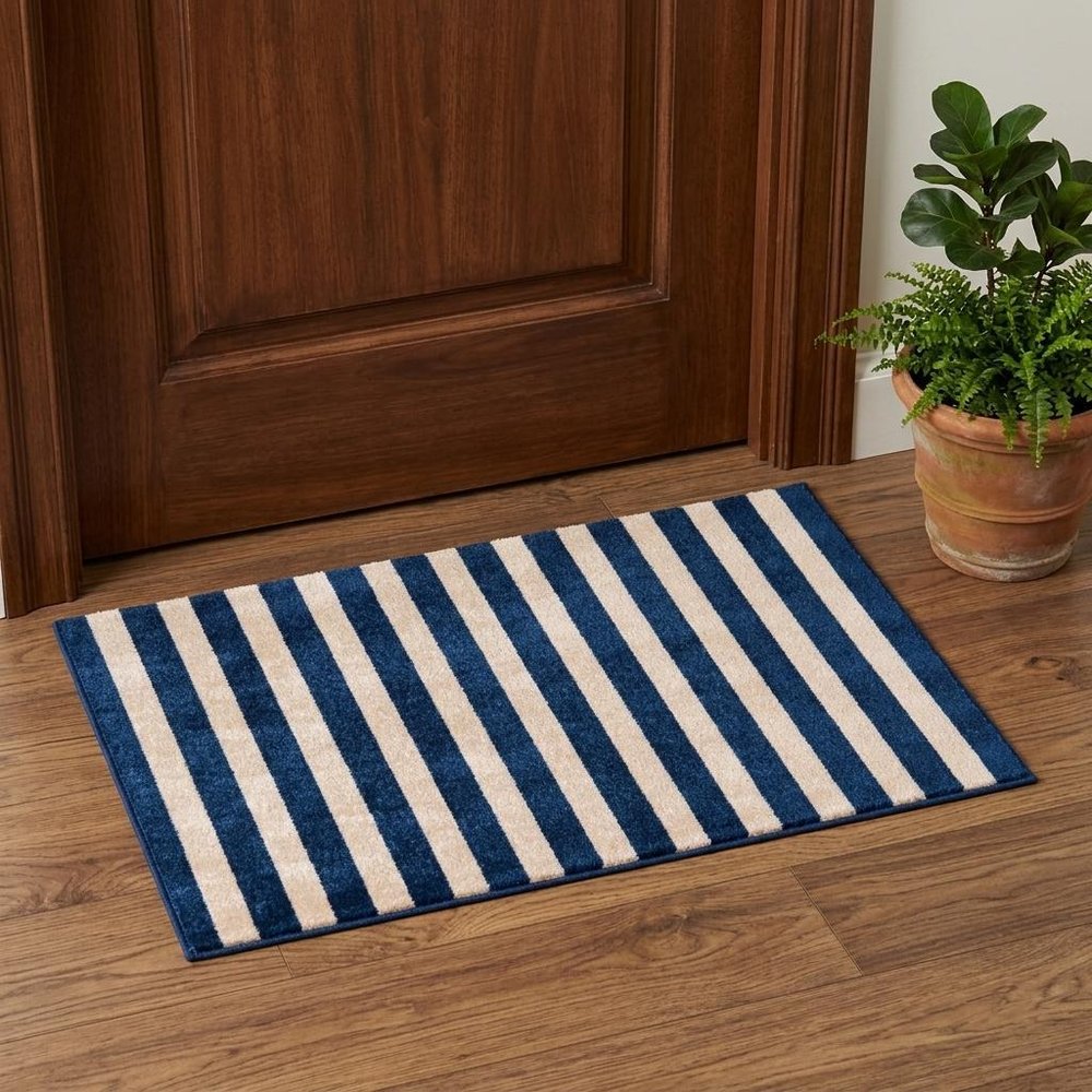 2' X 4' Navy And Sand Striped Tufted Washable Non Skid Area Rug