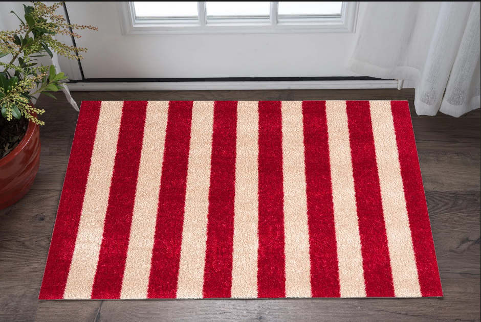 2' X 3' Red And Sand Striped Tufted Washable Non Skid Area Rug