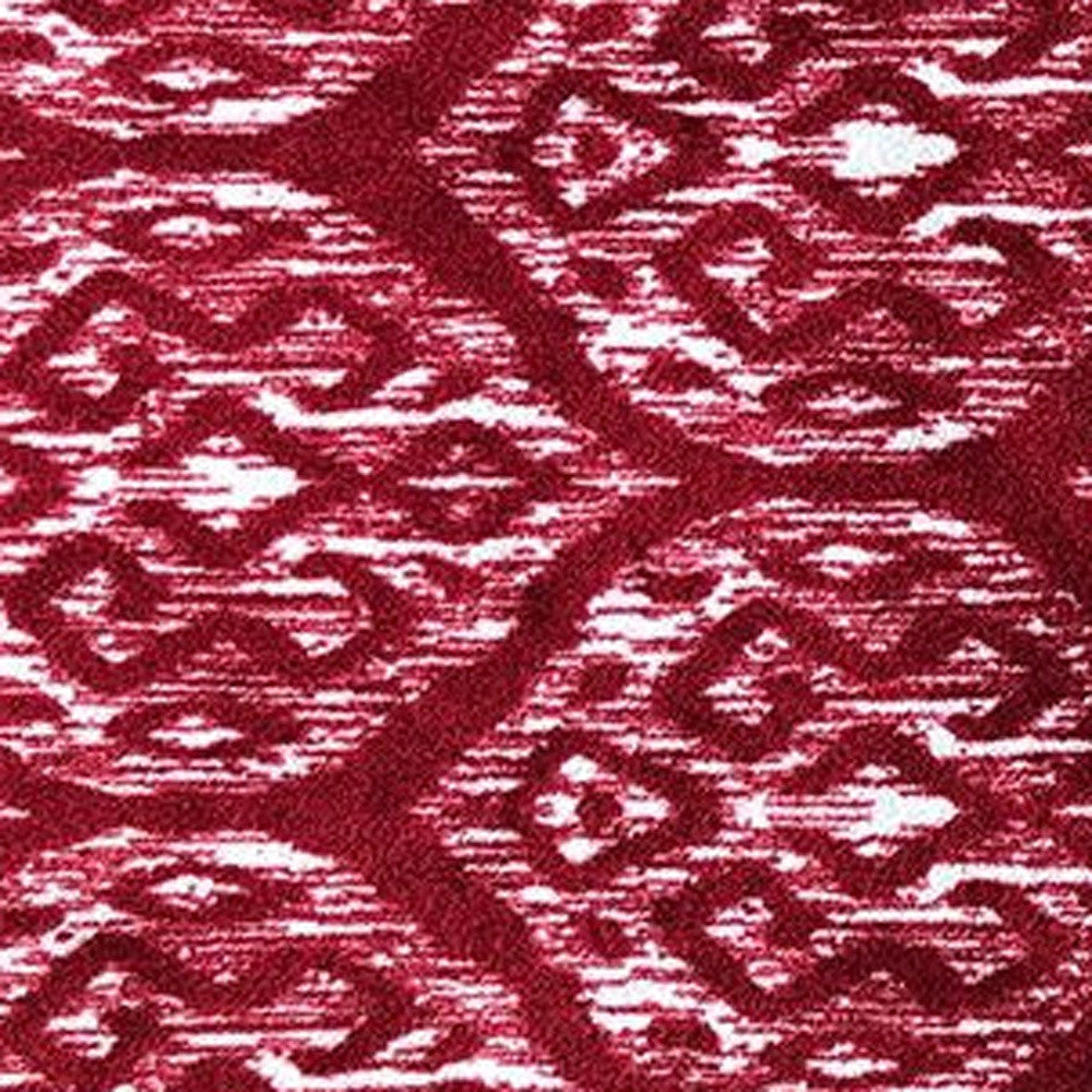 2' X 6' Red And White Ikat Tufted Washable Non Skid Area Rug