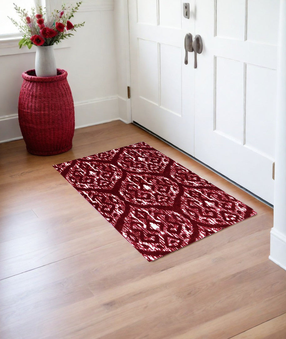 2' X 3' Red and White Ikat Printed Washable Non Skid Area Rug