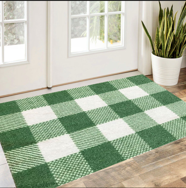 2' X 3' Sage Green And White Plaid Tufted Washable Non Skid Area Rug