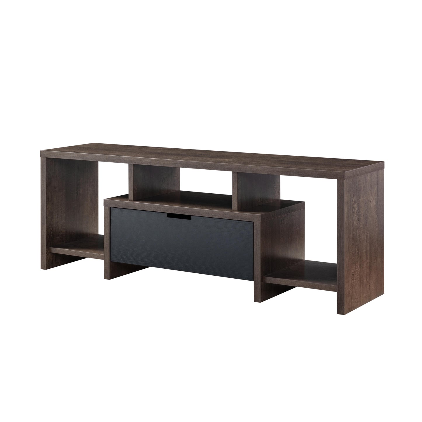 60" Walnut Oak And Black Manufactured Wood Cabinet Enclosed Storage TV Stand