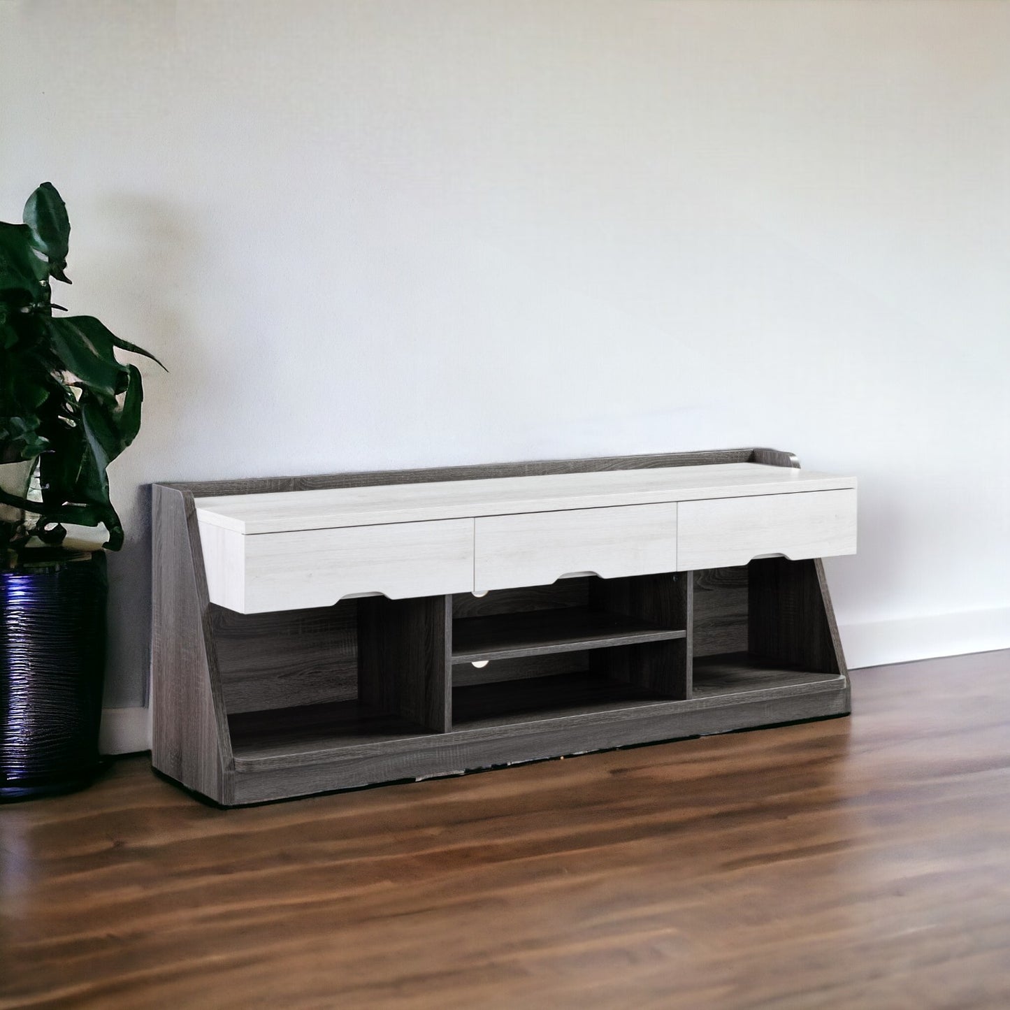 62" White Oak & Distressed Grey Particle Board Cabinetenclosed Storage TV Stand