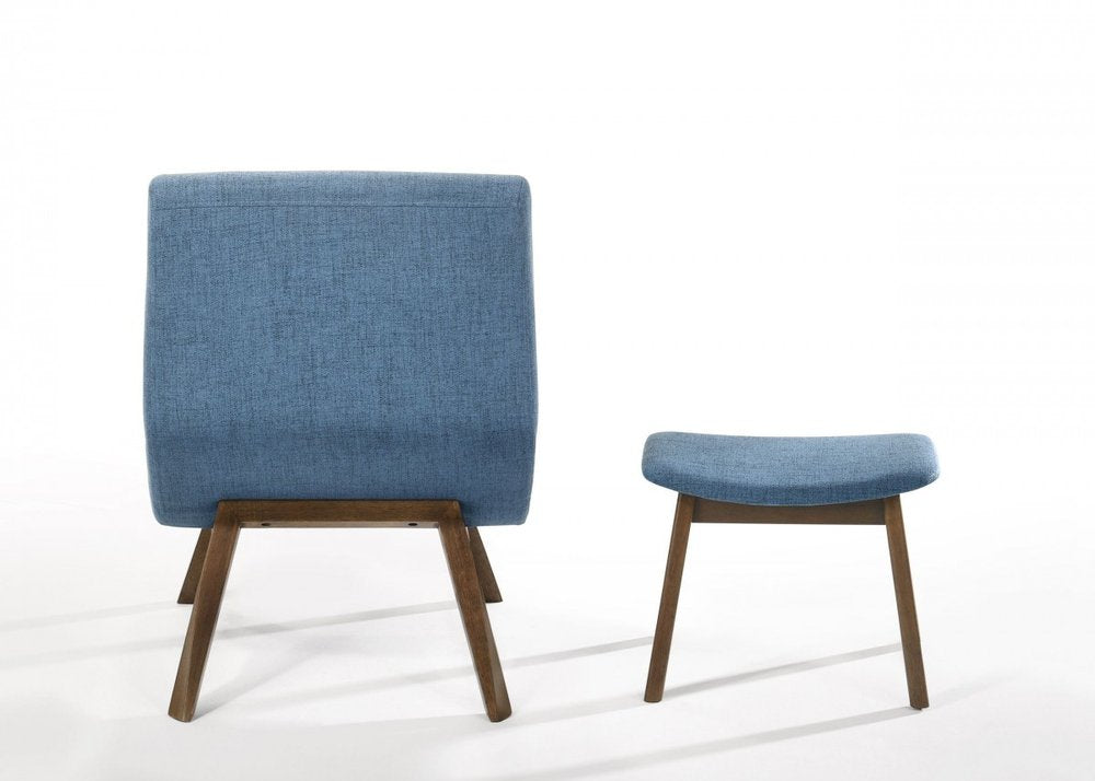 22" Blue And Brown Upholstered Lounge Chair With Ottoman