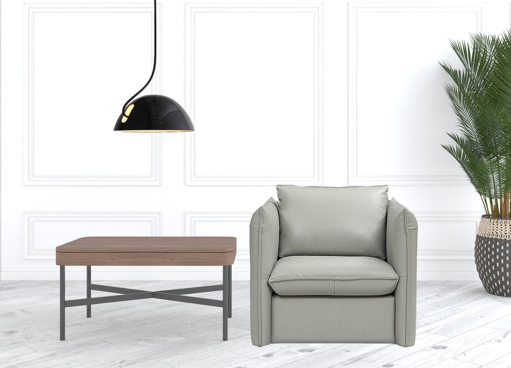 36" Gray And Silver Genuine Leather Swivel Lounge Chair