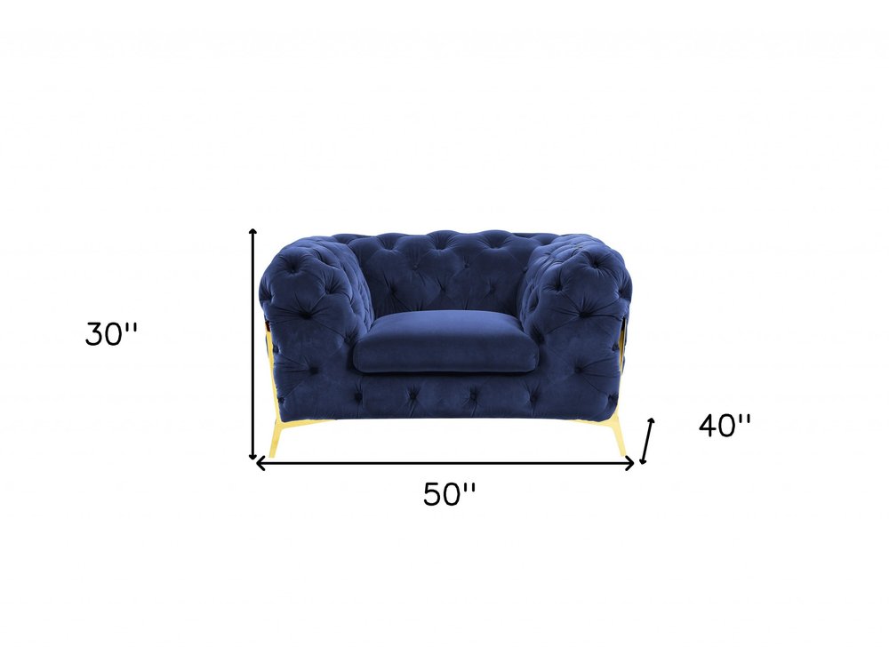 Blue and gold velvet tufted lounge chair, 50" wide