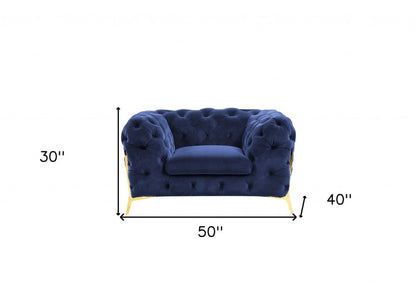 Blue and gold velvet tufted lounge chair, 50" wide