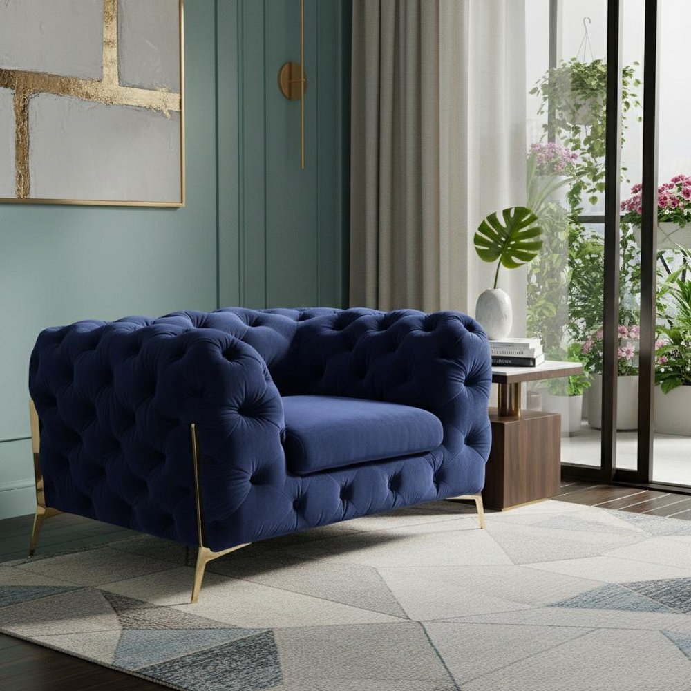 50" Blue And Gold Velvet Tufted Lounge Chair