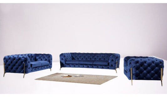 Three Piece Blue Velvet Six Person Seating Set