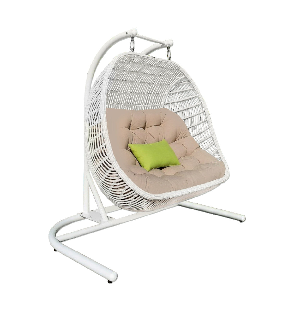 69" Beige and White Metal Indoor Outdoor Swing Chair with Beige Cushion