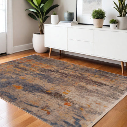 4' X 6' Gray Beige Blue And Yellow Abstract Power Loom Distressed Stain Resistant Area Rug