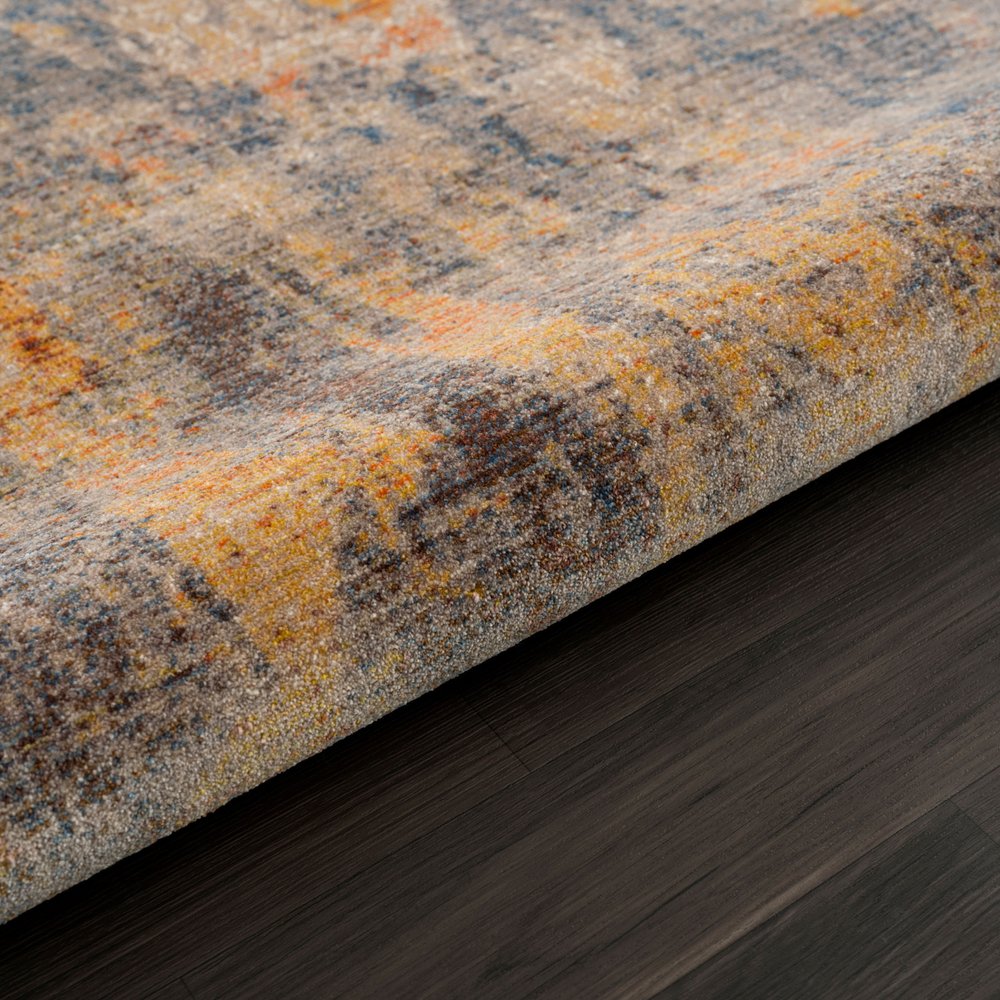 4' X 6' Gray Beige Blue And Yellow Abstract Power Loom Distressed Stain Resistant Area Rug