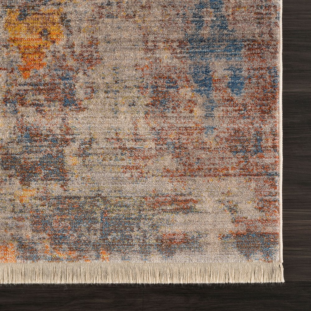 4' X 6' Gray Beige Blue And Yellow Abstract Power Loom Distressed Stain Resistant Area Rug