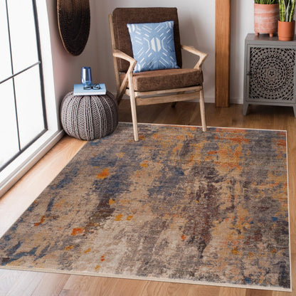 4' X 6' Gray Beige Blue And Yellow Abstract Power Loom Distressed Stain Resistant Area Rug
