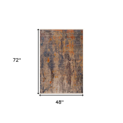 4' X 6' Gray Beige Blue And Yellow Abstract Power Loom Distressed Stain Resistant Area Rug