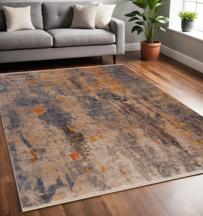 5' X 8' Gray Beige Blue And Yellow Abstract Power Loom Distressed Stain Resistant Area Rug