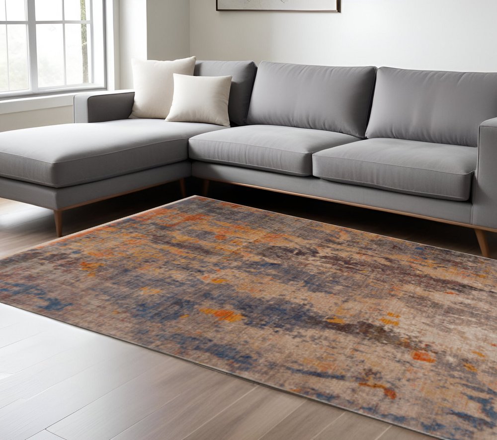 8' X 10' Gray Beige Blue And Yellow Abstract Power Loom Distressed Stain Resistant Area Rug