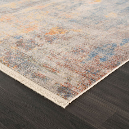 8' X 10' Gray Beige Blue And Yellow Abstract Power Loom Distressed Stain Resistant Area Rug