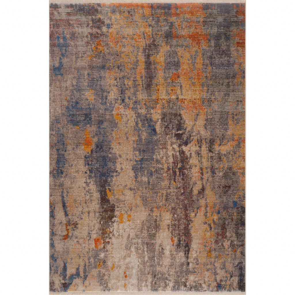 9 X 12' Gray Beige Blue And Yellow Abstract Power Loom Distressed Stain Resistant Area Rug