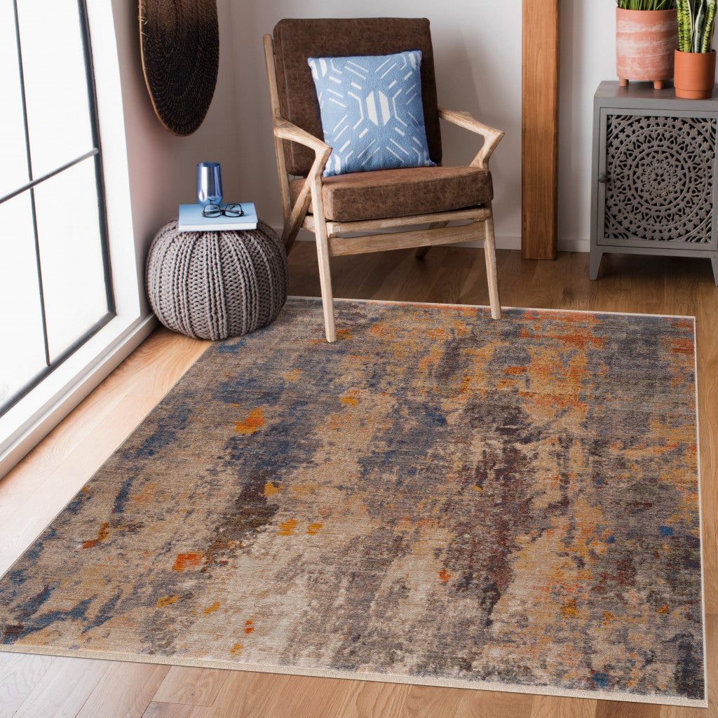 9' X 12' Gray Beige Blue And Yellow Abstract Power Loom Distressed Stain Resistant Area Rug